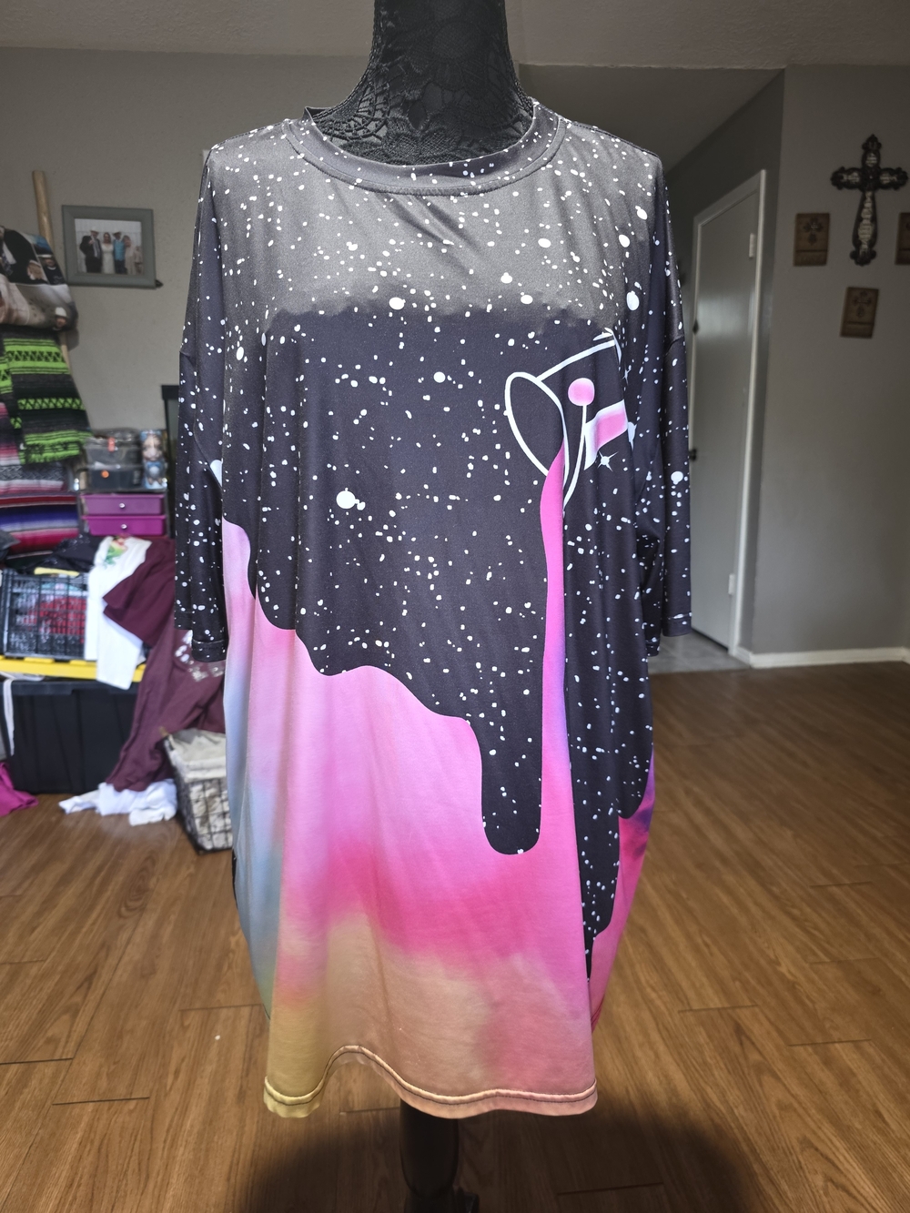 SHEIN Black Pink Gradient Drip Short Sleeve Oversized Tee